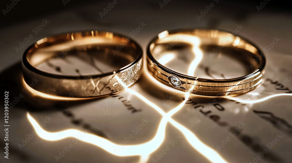 Two golden wedding rings resting on a love letter, illuminated by romantic light Two golden wedding rings resting on a love letter, illuminated by romantic light
