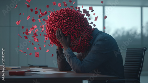 Person experiences overwhelming frustration while sitting at desk surrounded by scattered red blocks in a modern office environment