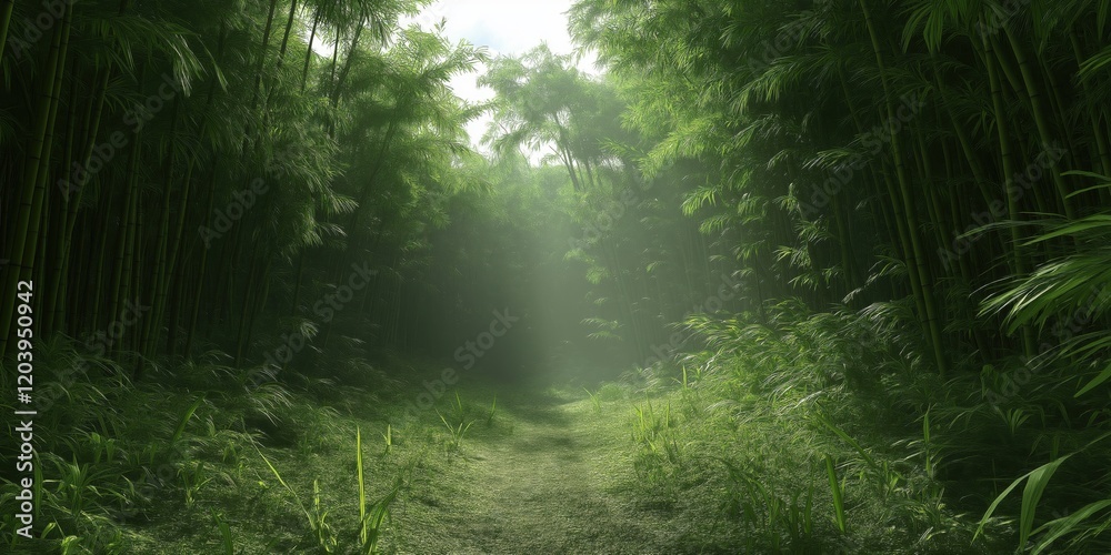 Fototapeta premium A serene pathway through a lush bamboo forest, with sunlight gently filtering through the dense foliage.