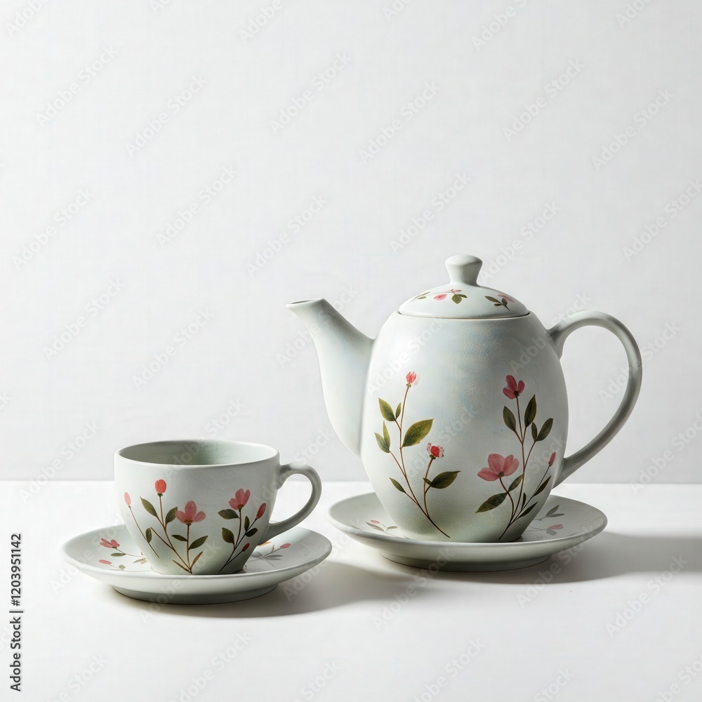Elegant Floral Tea Set with Teapot and Teacup on Minimalist Surface Elegant Floral Tea Set with Teapot and Teacup on Minimalist Surface