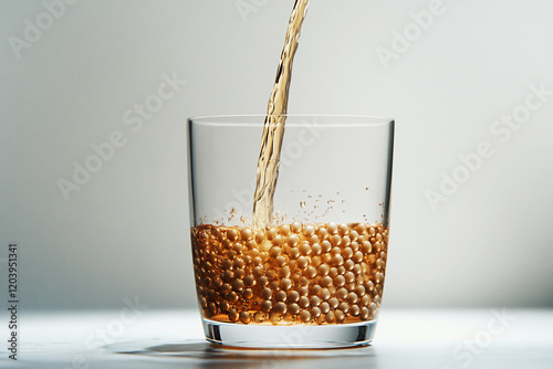 Pouring sparkling drink over tapioca pearls creates a refreshing look for a trendy beverage experience photo