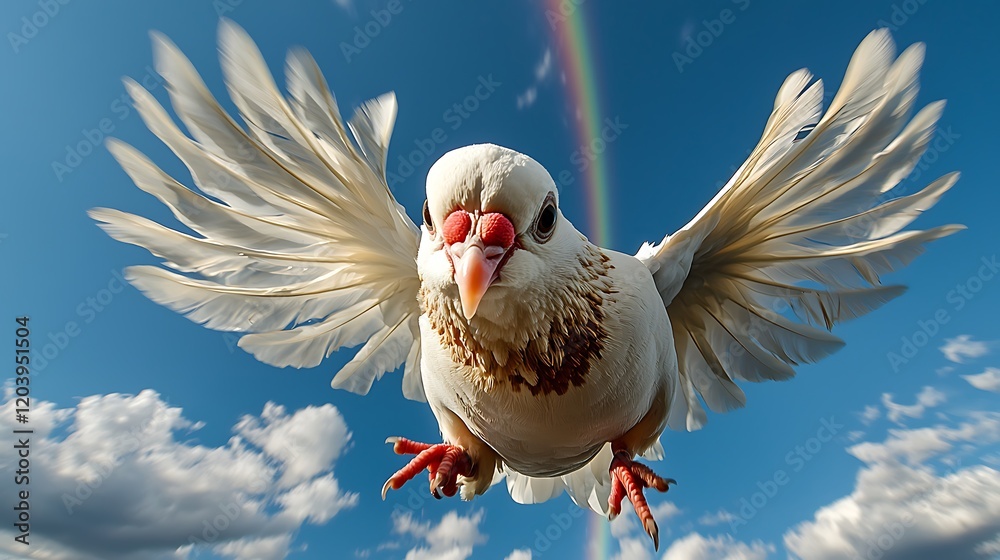 Fototapeta premium White dove in flight, rainbow backdrop, sunny sky, hope concept, stock photo