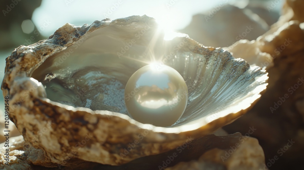 Sunlit pearl nestled in an open oyster shell on a rocky surface. Sunlit pearl nestled in an open oyster shell on a rocky surface.