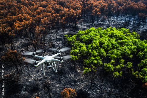 Drone captures regrowth in burnt forest revealing resilience of nature after wildfires photo