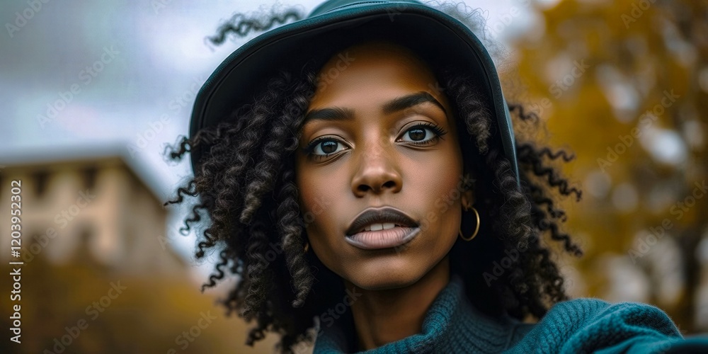 A woman with curly hair and a green hat is standing in front of a building. She has a serious expression on her face A woman with curly hair and a green hat is standing in front of a building. She has a serious expression on her face