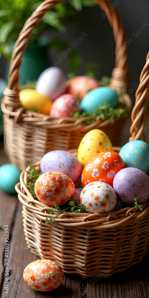 Colorful painted Easter eggs arranged in a rustic wicker basket, perfect for celebrating the joy and tradition of Easter Colorful painted Easter eggs arranged in a rustic wicker basket, perfect for celebrating the joy and tradition of Easter