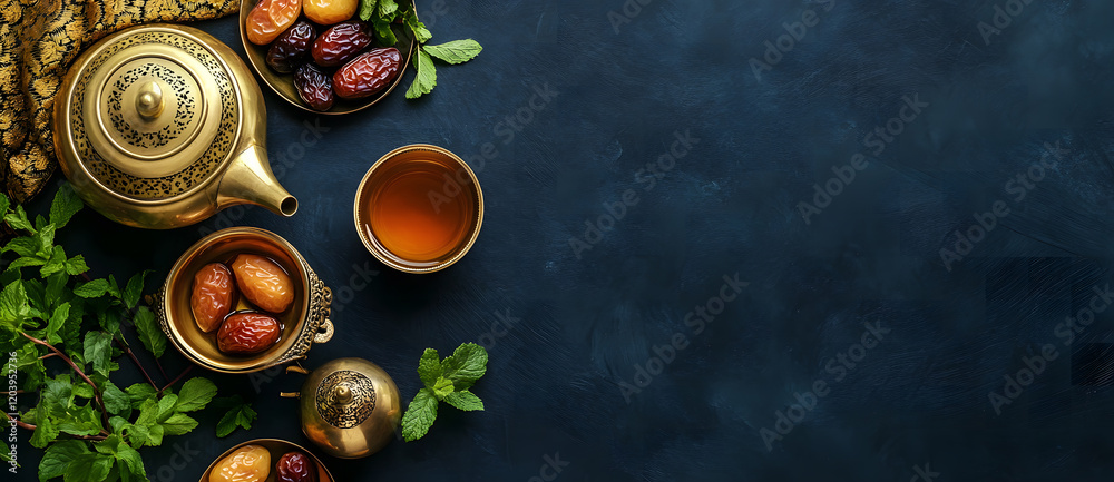 Top View of Tea with Dates and Mint on a Dark Rustic Background Top View of Tea with Dates and Mint on a Dark Rustic Background
