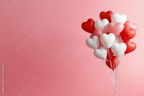 Floating heart balloons in vibrant red and pastel tones on a pink backdrop, perfect for romantic or festive themes
