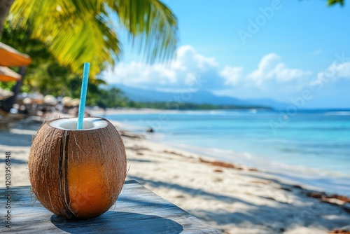 A coconut drink with a straw and umbrella on a beachside table.