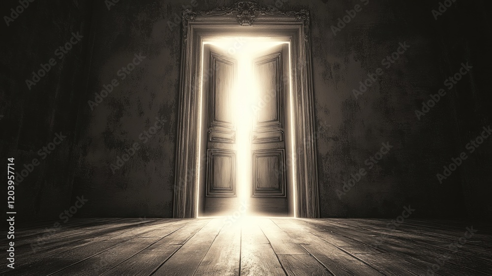 A dimly lit room with a wooden floor and an ornate doorway revealing a bright glow A dimly lit room with a wooden floor and an ornate doorway revealing a bright glow