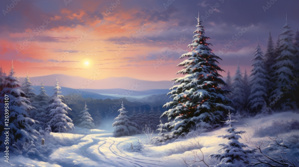Tranquil scene of snowy forest at sunset Tranquil scene of snowy forest at sunset