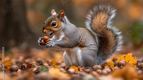 A delightful squirrel amidst the autumn leaves, clutching a bounty of acorns in its tiny paws, enjoying the fall season