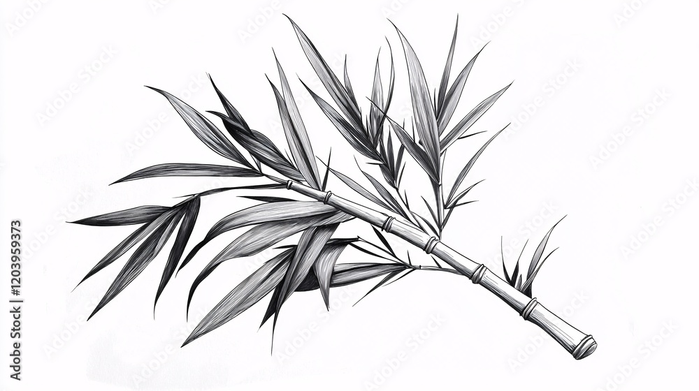 Naklejka premium line drawing of a bamboo leaf, showcasing its fine structure and subtle shadows, isolated on white. Bamboo leaves.isolate on white background.Illustrations 