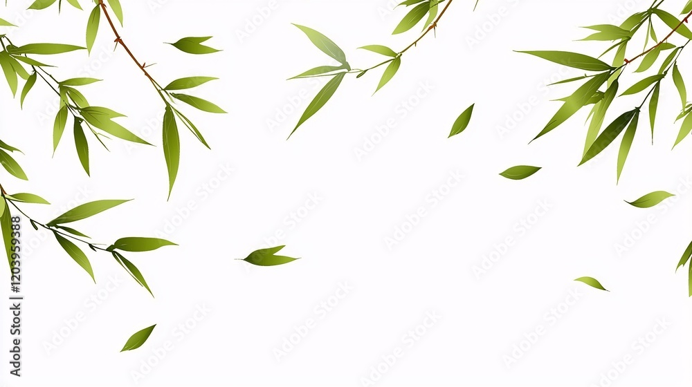 Naklejka premium illustration of bamboo leaves scattered across a white background, exuding simplicity and elegance. Bamboo leaves.isolate on white background.Illustrations 