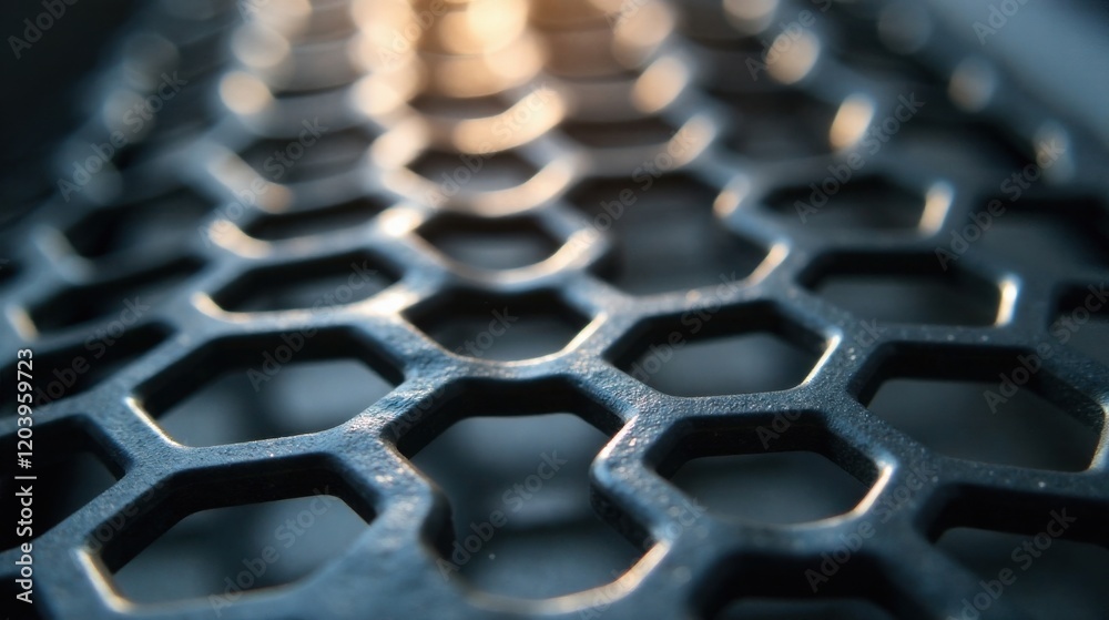 Fototapeta premium Close-up view of a dark hexagonal patterned surface illuminated by sunlight