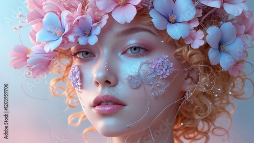 Gentle Spring woman portrait with a flowered head. Abstract, futuristic