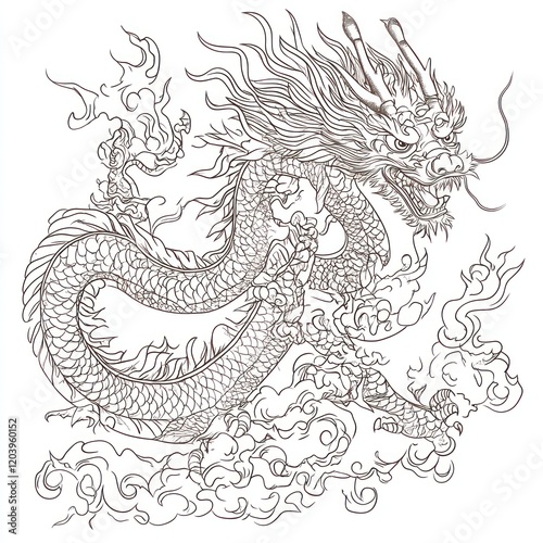 Ornate Dragon Design, Asian Style, Artistic, Background Clouds photo