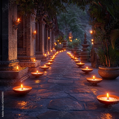 Illuminated Pathway Diya Lights Leading to Sacred Shrine   Spiritual Journey Stock Photo photo