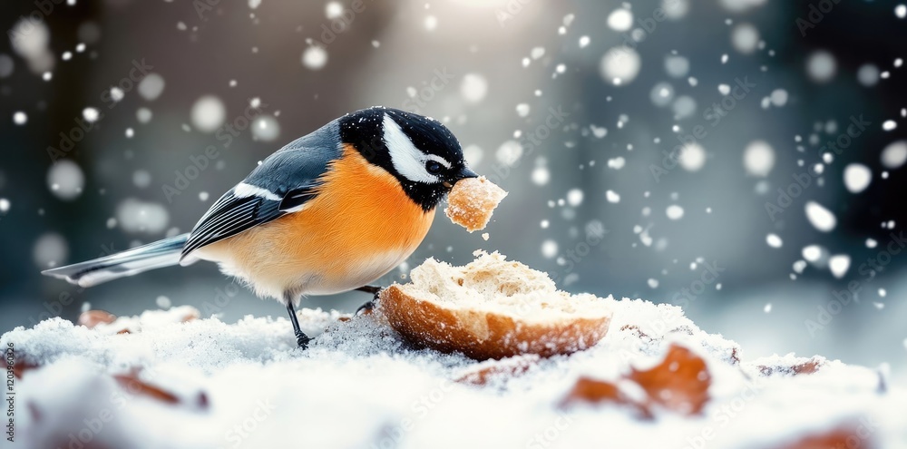 A beautiful close-up of a colorful sparrow enjoying a piece of bread in a snowy winter setting. A beautiful close-up of a colorful sparrow enjoying a piece of bread in a snowy winter setting.