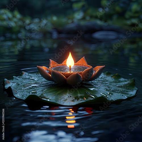 Serene Diya on Lotus Leaf in Calm Pond Tranquil Water Peaceful Atmosphere Spiritual Setting Meditation Yoga Wellness photo