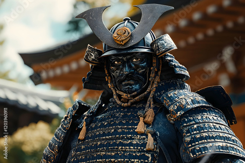 Traditional samurai warrior in ornate armor, poised for battle photo