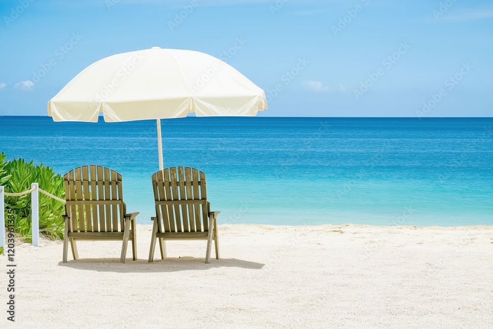 Relaxing Beach Scene With Wooden Chairs Under White Parasol Relaxing Beach Scene With Wooden Chairs Under White Parasol