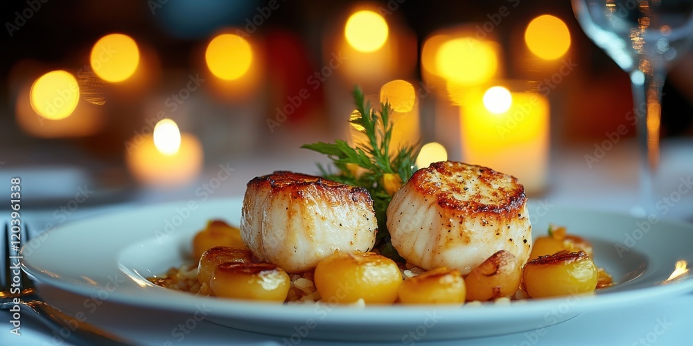 Obraz premium Elegant gourmet seafood platter upscale restaurant intimate dining experience low lighting ambiance culinary art