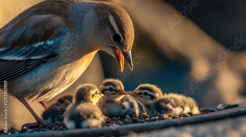 Mother bird feeding her baby birds in a nest showcasing animal behavior and nurturing instincts of avian species in a natural setting photo