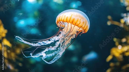 Pacific sea nettle jellyfish drifting aquarium kelp background photo