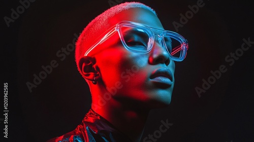 Stylish Man with Clear Glasses in Bold Red and Blue Neon Lighting photo