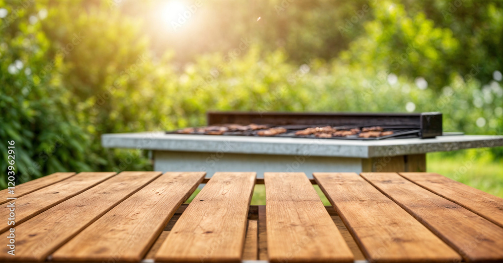 Fototapeta premium A vibrant outdoor setting showcasing a backyard barbecue with sizzling food on the grill, surrounded by lush greenery, warm sunlight, and a cozy garden atmosphere perfect for summer gatherings.