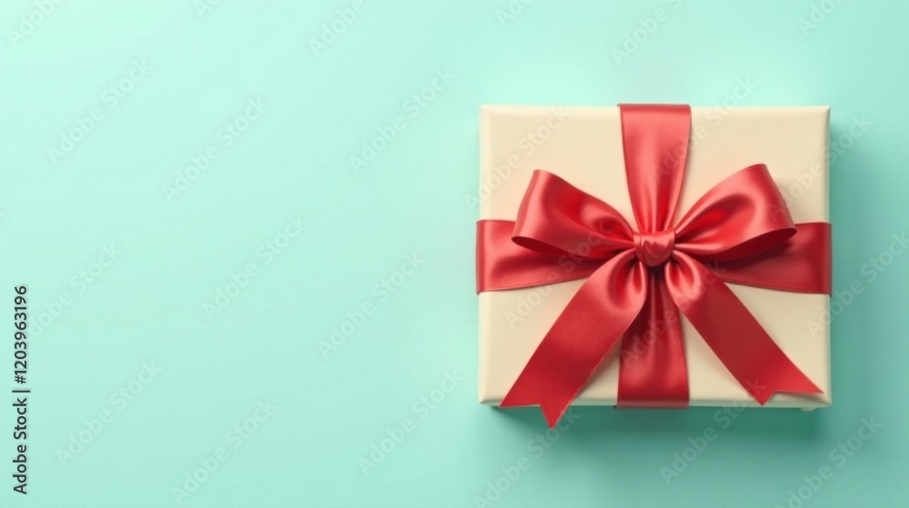 A Beautifully Wrapped Gift Box with a Red Ribbon Bow on a Light Green Background A Beautifully Wrapped Gift Box with a Red Ribbon Bow on a Light Green Background