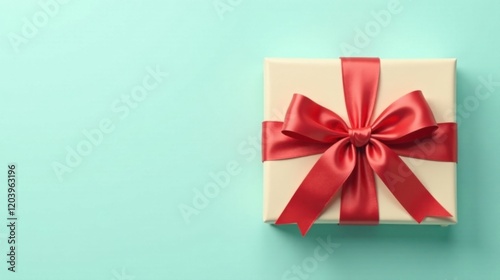 A Beautifully Wrapped Gift Box with a Red Ribbon Bow on a Light Green Background