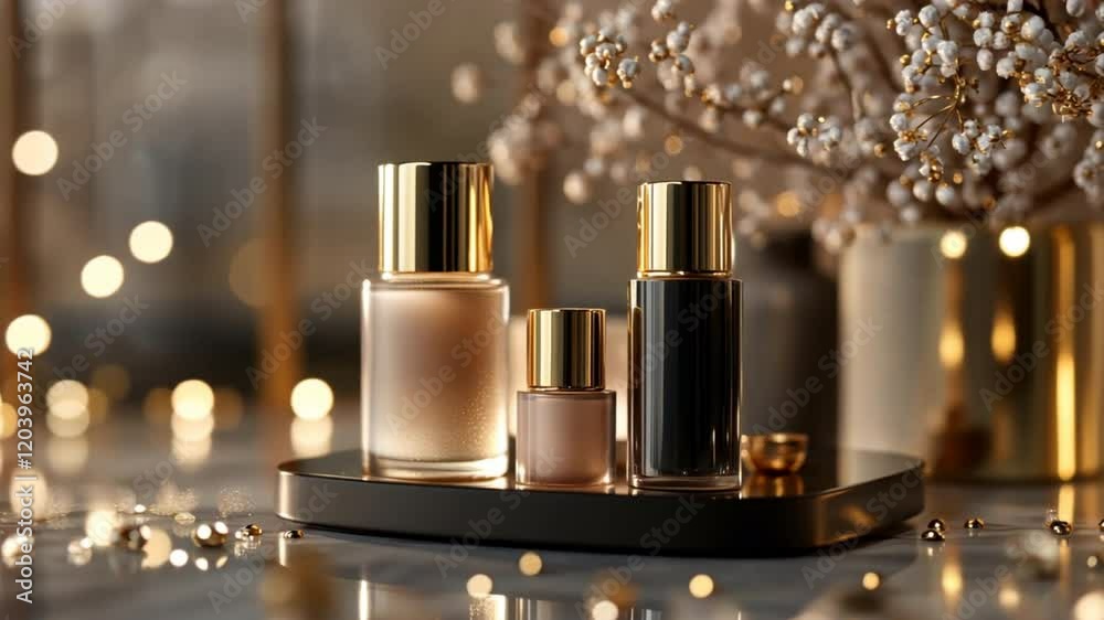 Luxurious Skincare Set: Three elegant skincare bottles with gold accents sit on a dark marble tray, illuminated by warm, soft lighting, creating a sophisticated and luxurious atmosphere.  