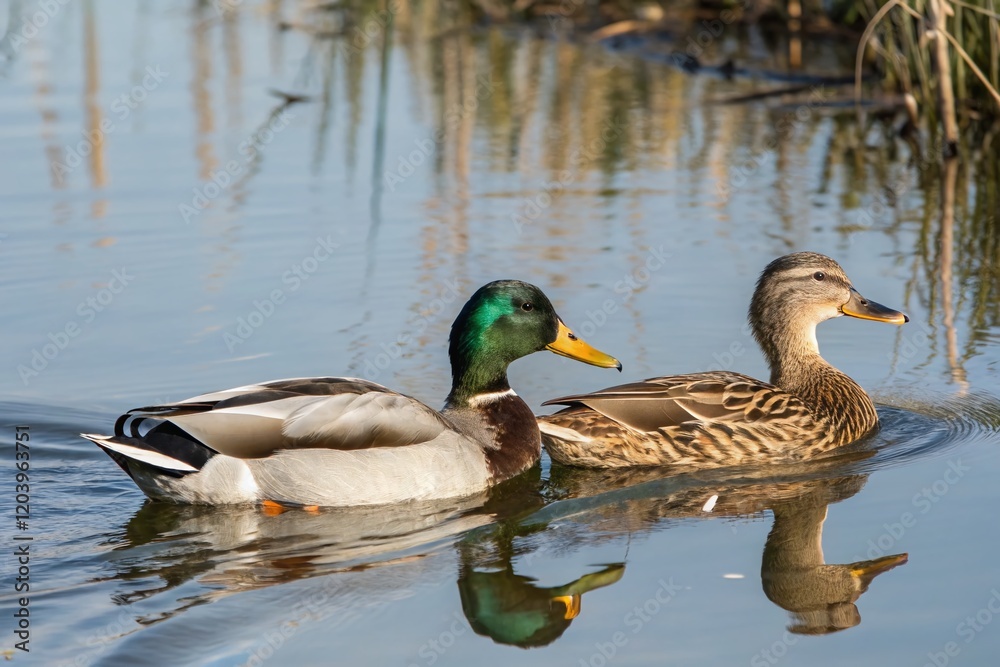 Romantic Mallard Duck Pair by Pond, Copy Space Left - Wildlife Stock Photo Romantic Mallard Duck Pair by Pond, Copy Space Left - Wildlife Stock Photo