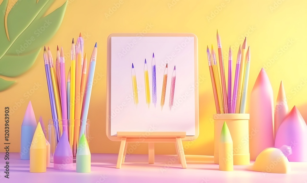 Colorful pencils arranged around a small easel with a drawing.