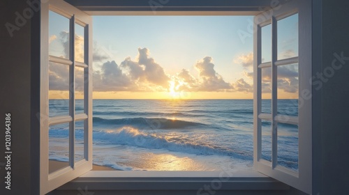 Open window frame view of a beautiful sunset on the ocean, waves and golden light