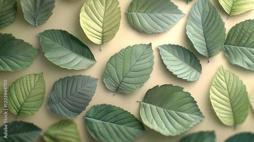 Fototapeta premium Green leaves arranged on a beige background