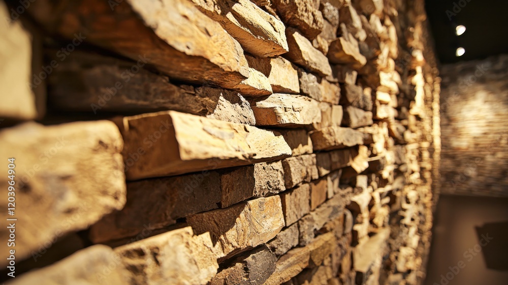Closeup of textured wall featuring mixed materials warm indoor light interior space front view aesthetic design Closeup of textured wall featuring mixed materials warm indoor light interior space front view aesthetic design