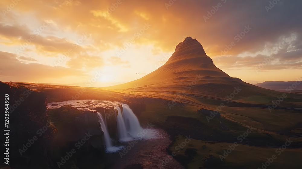 Naklejka premium Picturesque view with waterfalls and a glowing sunset behind mountains.