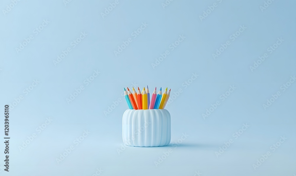 Colorful pencils in a white holder on a light blue background.