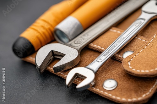 A close-up of various hand tools, including wrenches and a screwdriver, neatly arranged in a leather holder, showcasing their metallic sheen and functional design. photo