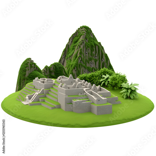 Machu Picchu: A 3D Model of Incan Wonder. Explore the ancient ruins nestled in lush green mountains. photo