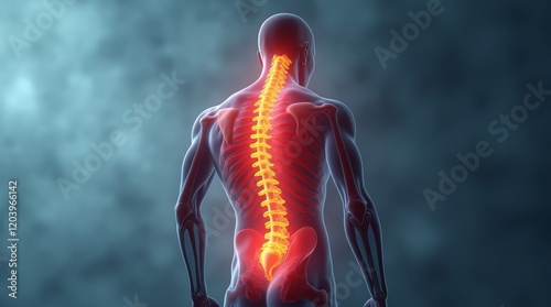 Human spinal cord injury, back pain on blurred background. 3d illustration