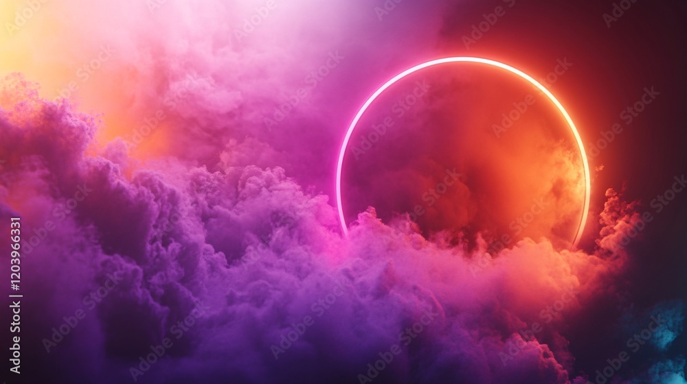 Obraz premium Colorful Neon Eclipse Surrounded by Vibrant Clouds in a Dramatic Sky