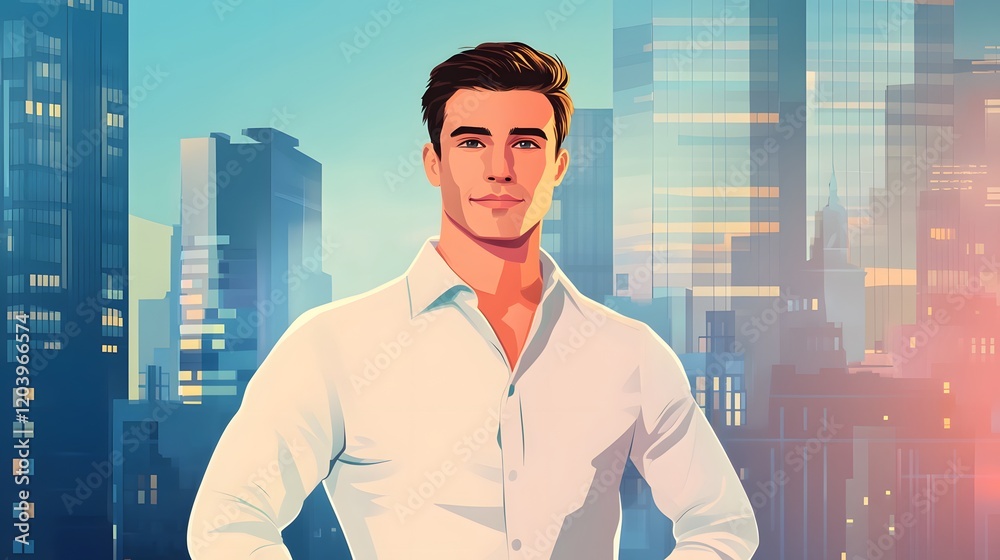 Fototapeta premium Young Man in White Shirt City Skyline Background