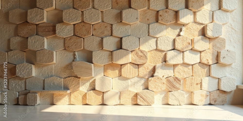 Sunlit Hexagonal Wooden Wall Paneling with Integrated Shelf