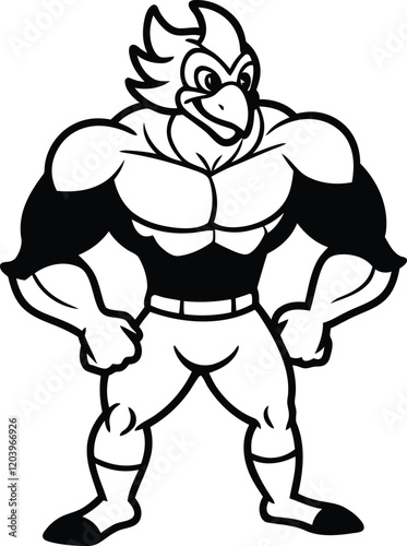 Muscular Strong birds vector, muscular Angry Chicken silhouette, Massive birds line art vector illustration