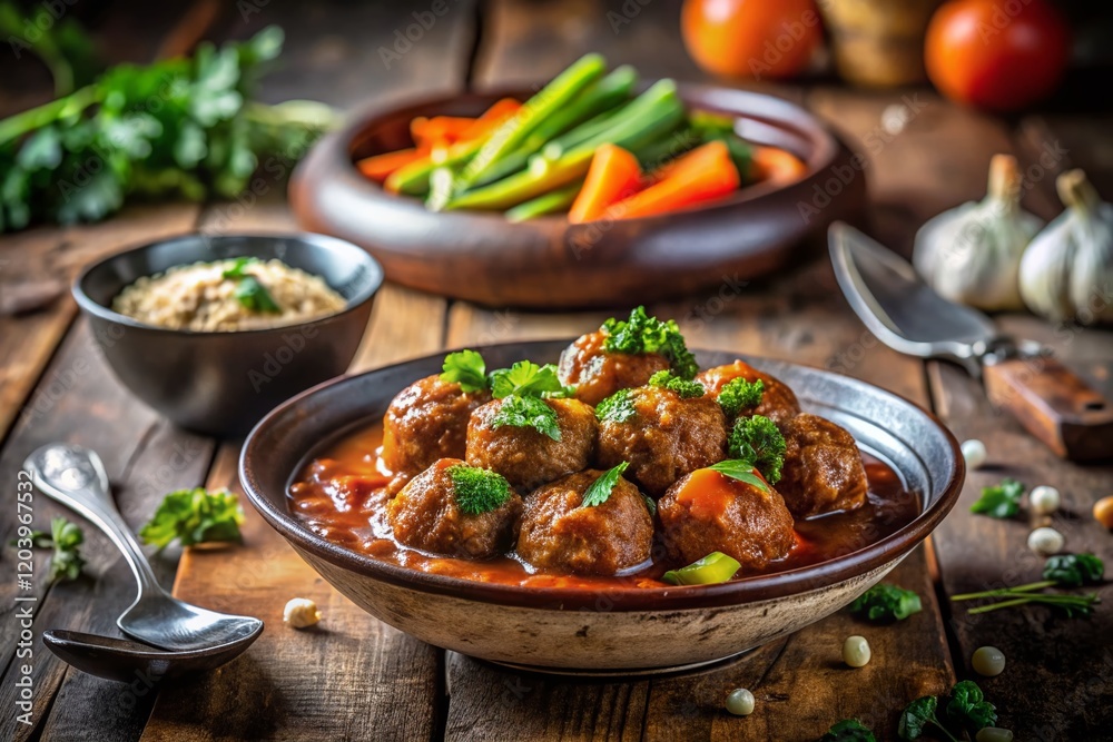 Rustic Bowl of Meatballs with Steamed Vegetables and Rich Sauce - Urban Exploration Food Photography Rustic Bowl of Meatballs with Steamed Vegetables and Rich Sauce - Urban Exploration Food Photography