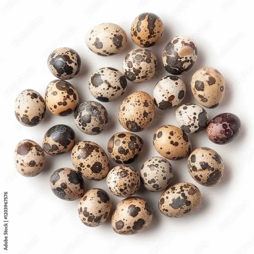 Small spotted quail eggs are forming a circle on a white background, creating an interesting pattern Small spotted quail eggs are forming a circle on a white background, creating an interesting pattern